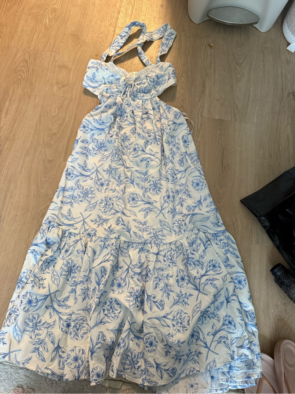 For Love and Lemons Blue & White Floral Midi Dress with Tie Detail - Picture 2 of 3